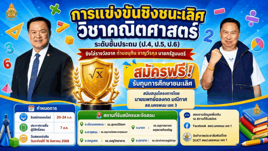 การแข่งขันชิงชนะเลิศวิชาคณิตศาสตร์ ระดับชั้นประถมศึกษา (ป.4, ป.5 และ ป.6) สังกัด สพป.นครพนม เขต 1 2569 สมัครฟรี ชิงโล่รางวัลนายกรัฐมนตรี 1 การแข่งขันชิงชนะเลิศ คณิตศาสตร์ สส อลงกต 5