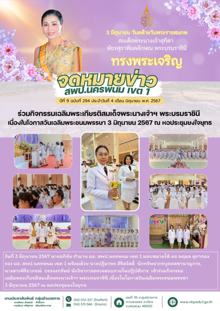 ร่วมกิจกรรมเฉลิมพระเกียรติสมเด็จพระนางเจ้าฯ พระบรมราชินี เนื่องในโอกาสวันเฉลิมพระชนมพรรษา 3 มิถุนายน 2567 ณ หอประชุมยงใจยุทธ 1 จม. สพป.นพ 1 เดือน มิ.ย. 2 2
